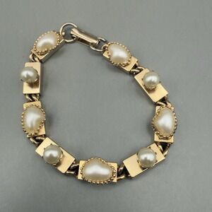Vintage Gold Tone Faux Pearl Link Box Chain Bracelet Unsigned Mid Century Estate